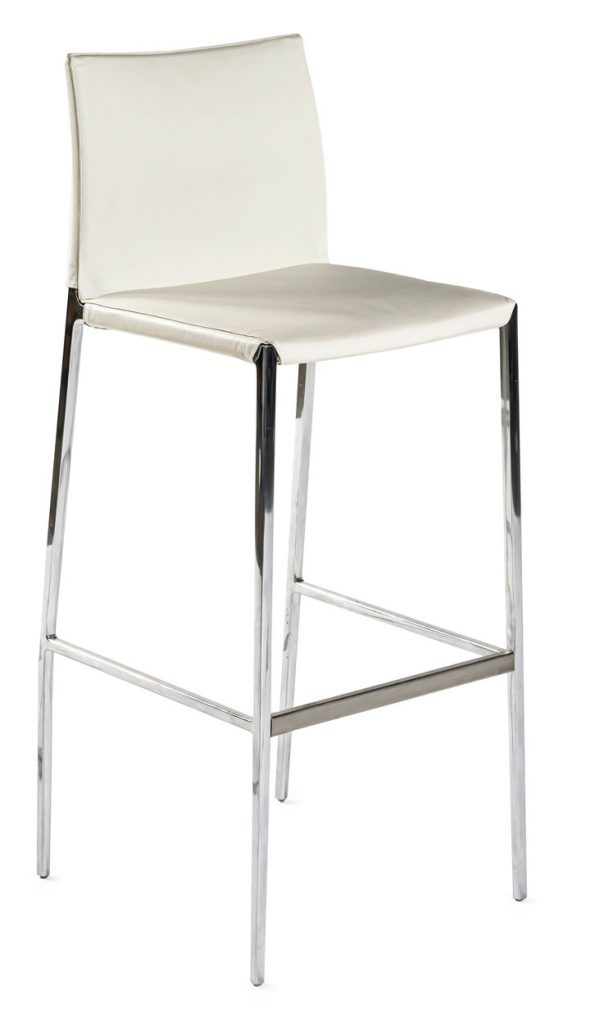 Angled frontal view of Lio barstool in white in front of a white background