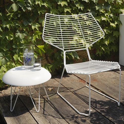 Alieno Peacock with a small white table next to the chair on a dark wooden patio with flowers in the background
