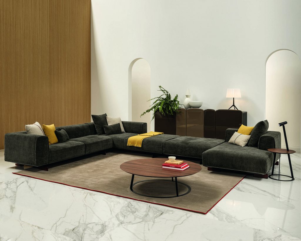 Albino Family wide brown top in front of a dark colored sofa on top of a brown carpet