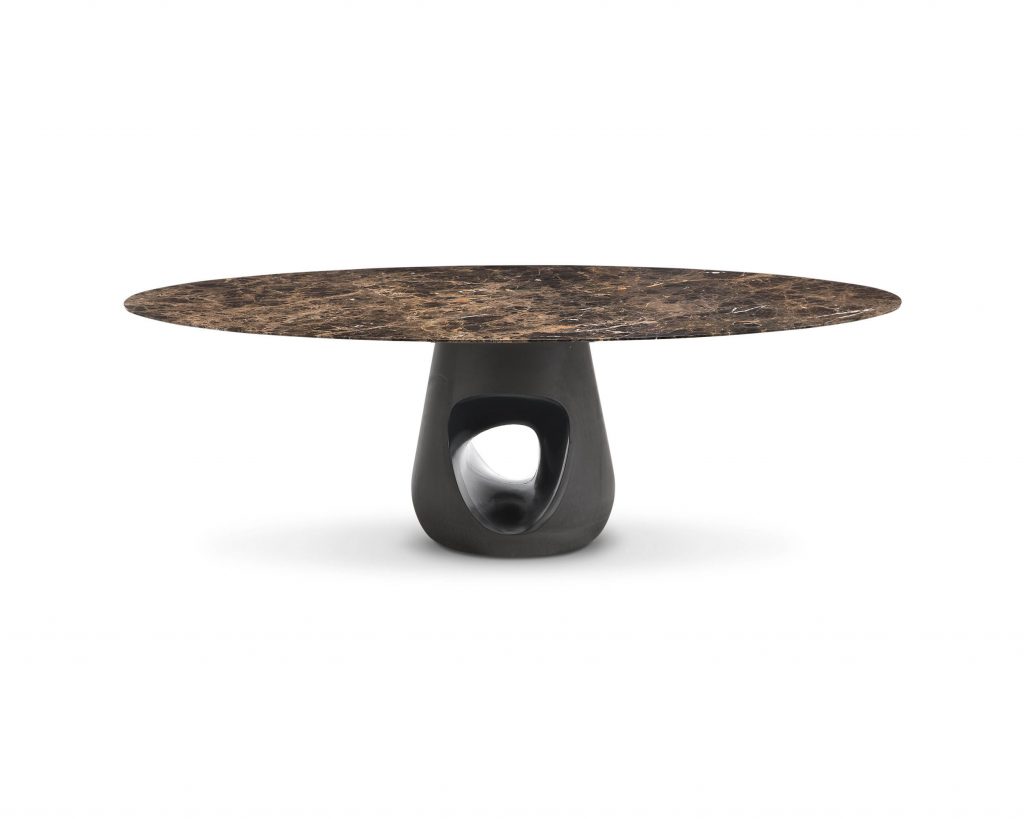 Barbara with a flat marble top in front of a white background
