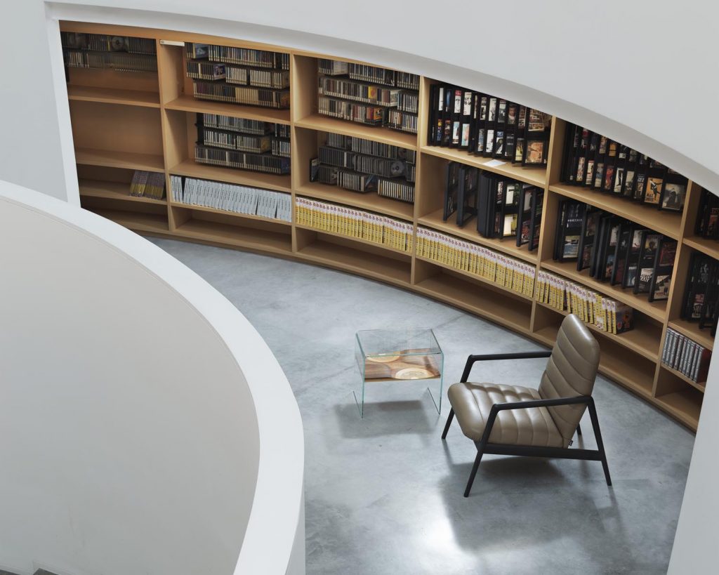Carnaby in a cream color in front of a library book shelf spanning the room