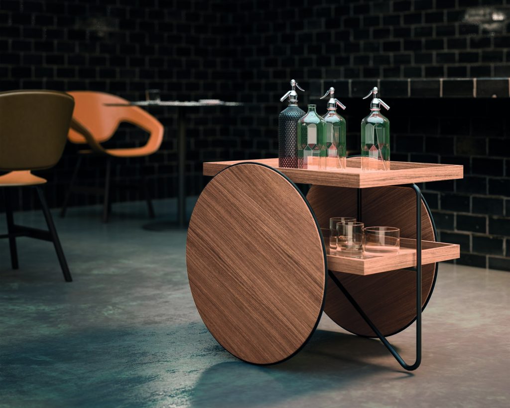 Chariot in a wood finish with bottles on top of it
