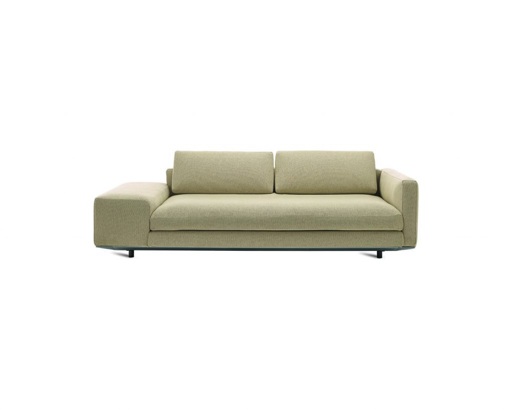 Cream colored Miles with the right side having a narrow tall armrest and the left side having a small wide flat armrest