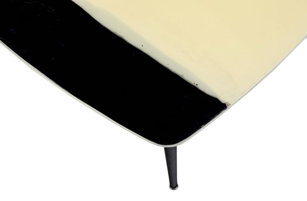 square-shaped side table made of black and white lacquered wood in a white background
