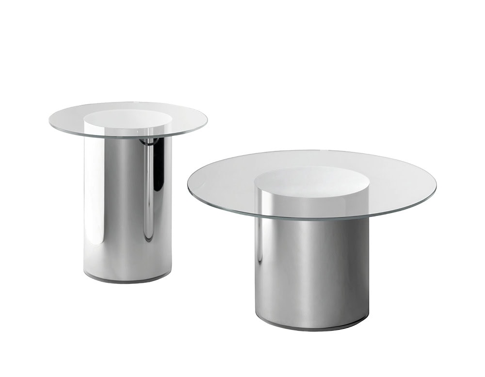 BD 2001 Side Table in two variations. Both pieces feature cylindrical polished steel bases with clear glass tops. One is taller with a smaller diameter, while the other is lower and wider, both set against a white background.