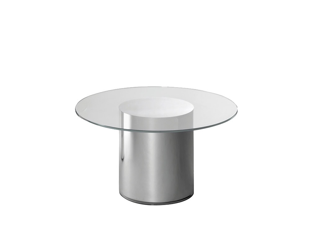 A sleek side table with a cylindrical polished stainless steel base and a wide, transparent glass top, offering a clean and reflective modern aesthetic.