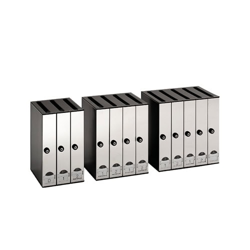 A sleek set of modular stainless steel mailboxes, each featuring a secure lock, top mail slot, and customizable label window for efficient mail management in shared spaces.