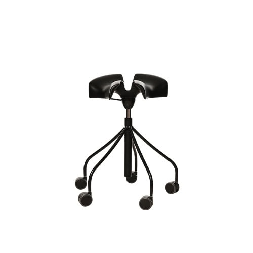 The BD Binaria Stool features a black split saddle seat with a black metal five-leg base and caster wheels, offering both ergonomic support and maneuverability.