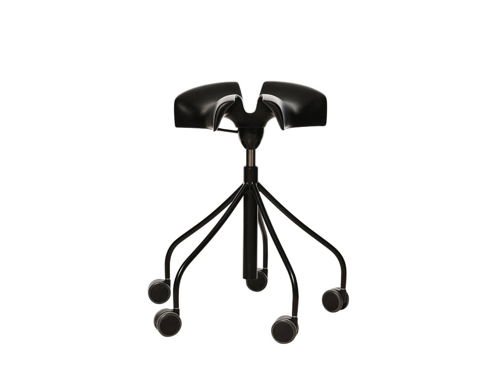 The BD Binaria Stool is shown with its distinctive split saddle seat in black, paired with a black metal base on five caster wheels for smooth mobility and ergonomic seating.