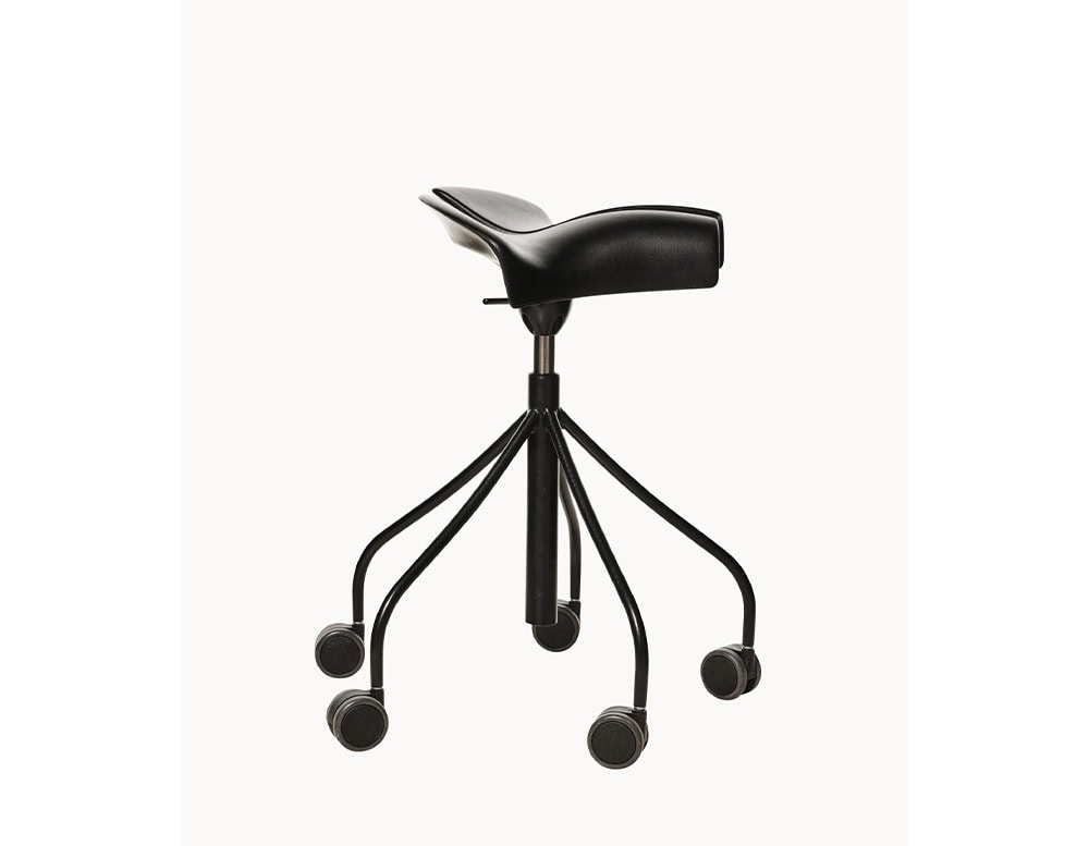 The BD Binaria Stool in black combines a sculptural saddle seat with a five-spoke wheeled base, offering adjustable height and smooth mobility for modern workspaces.