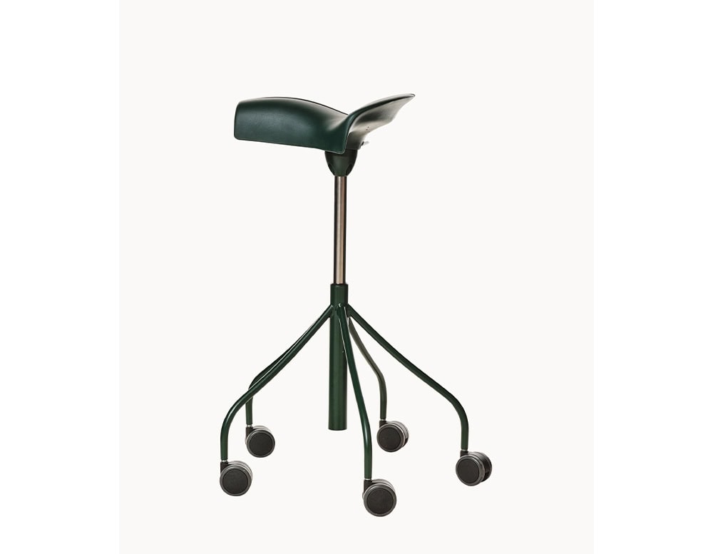 The BD Binaria Stool showcases a dark green saddle seat atop a sleek metal column with five matching green caster legs, combining ergonomic comfort with mobile functionality.