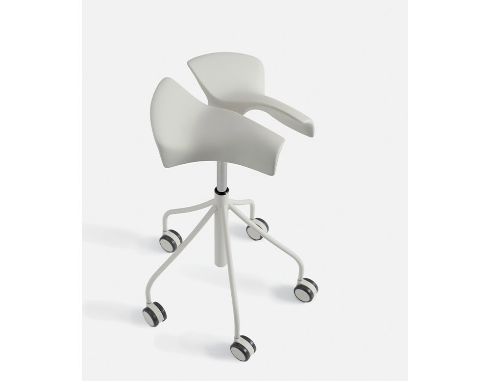 This image highlights a BD Binaria Stool in a clean matte white finish. The ergonomic saddle seat is supported by a five-legged wheeled base, providing both mobility and comfort in a minimalist design.