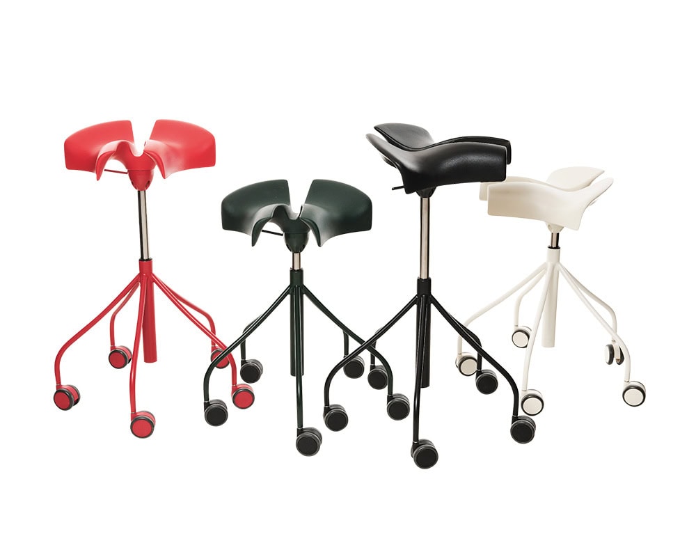 This image presents a lineup of BD Binaria Stools in four color variations: bright red, dark green, black with chrome, and soft white. Each stool features a saddle-style seat and a five-wheel base for mobility.