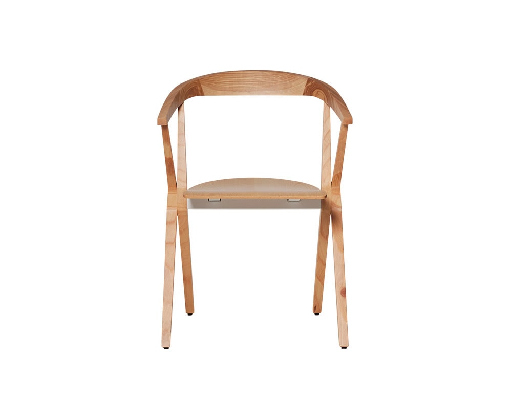 Front view of the BD Chair B in natural wood, highlighting its clean, minimal design with a foldable seat. A versatile chair with simple lines and lightweight construction.