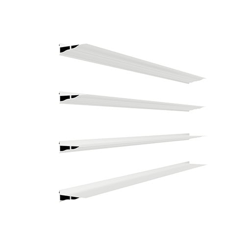 BD Cornisa Shelf in white finish, shown in a sequence of graduated depths that highlight its cornice-like profile and versatile design possibilities.