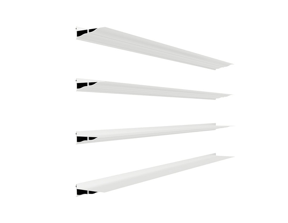 BD Cornisa Shelf in white lacquered finish, presented in a modular arrangement that emphasizes its architectural silhouette and flexible installation options.