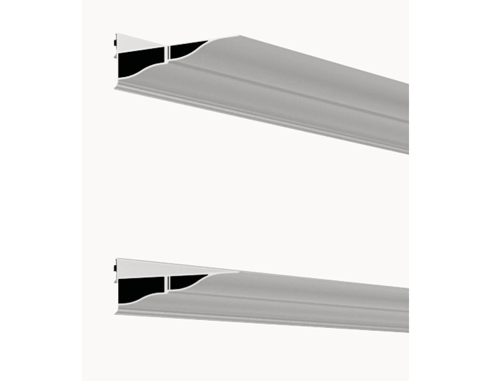 Close-up of the BD Cornisa Shelf highlighting the elegant molding-inspired profile and the modular system that allows for flexible compositions.