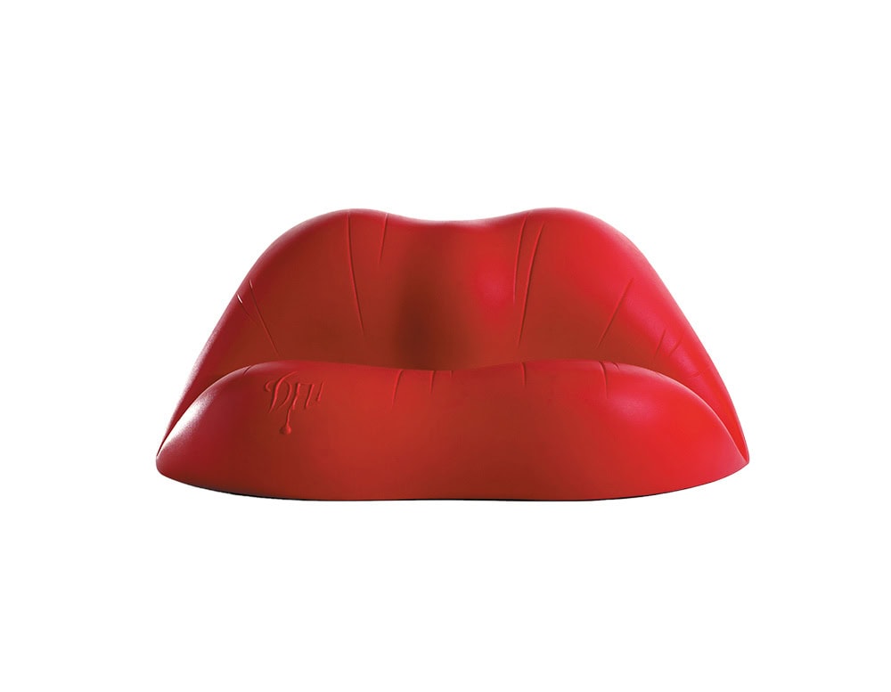 The Dalilips Sofa in a front-facing view, showcasing its bold lip-shaped form and sculptural surface details that highlight its playful, artistic character.