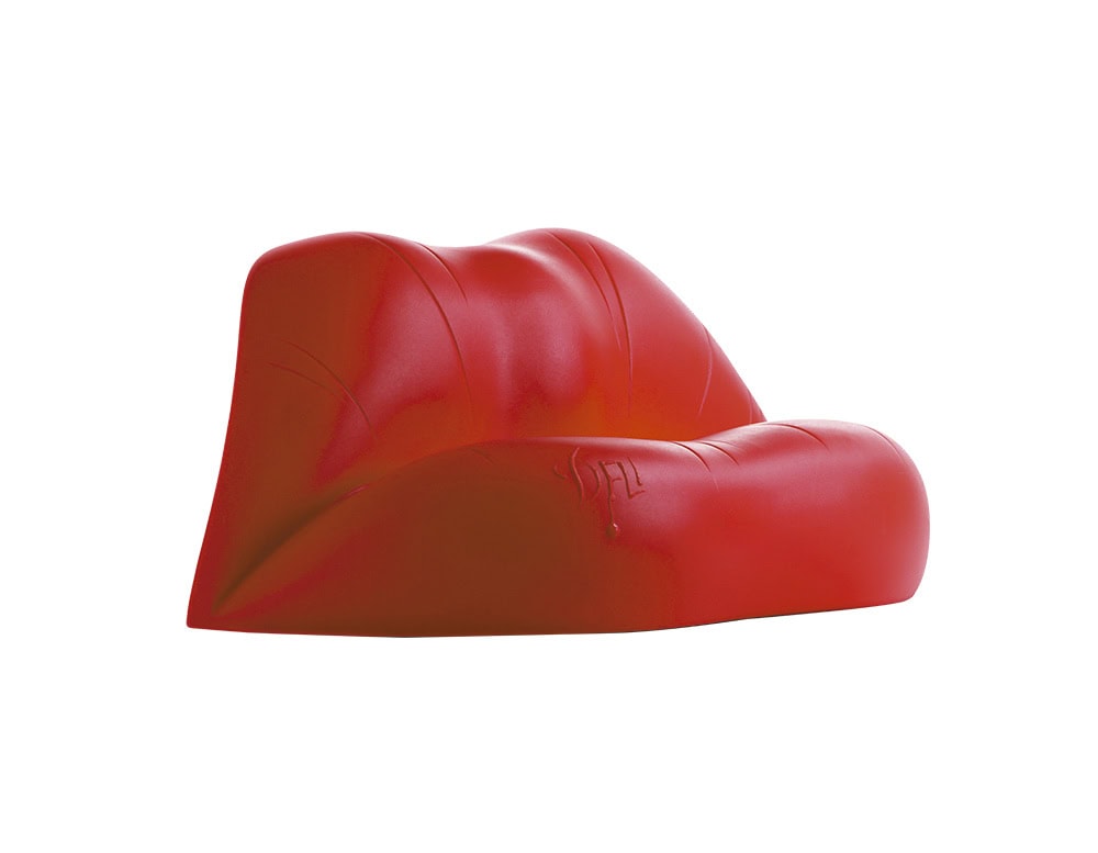 The Dalilips Sofa, viewed at an angle, highlights its voluminous curves and the sculptural folds that give the piece its distinctive lip-like silhouette.