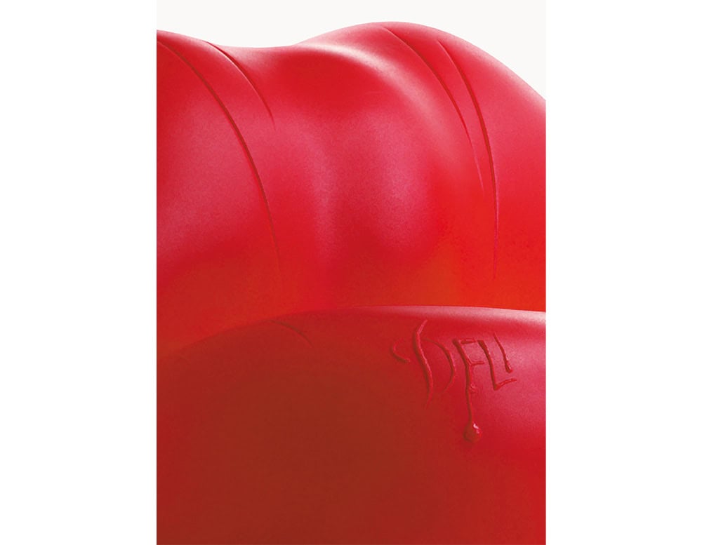 A close-up view of the Dalilips Sofa reveals its smooth red surface, accentuated by soft curves and sculptural details. The lower section features a raised signature detail, adding a distinctive touch to the design.