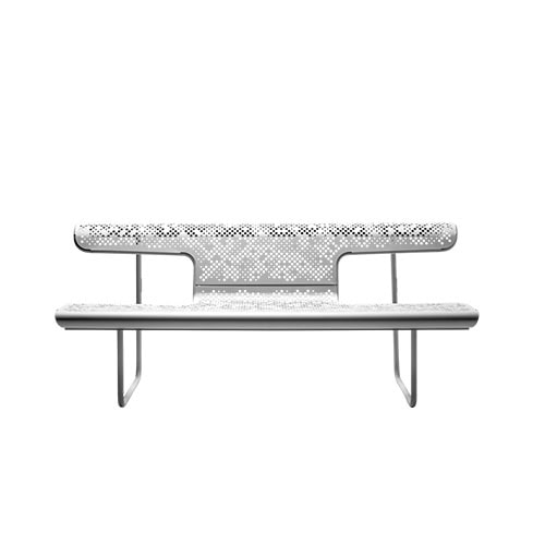 The El Poeta bench in white presents a minimal and geometric silhouette. Its perforated metal surfaces add visual texture, while the slim vertical supports maintain a clean and modern outdoor look.