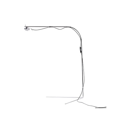 The BD Flamingo Floor Lamp presents a lightweight, curved frame with a slim silhouette. Its base consists of two minimal intersecting rods, supporting a long, horizontal arm where the light fixture is mounted at the far end.