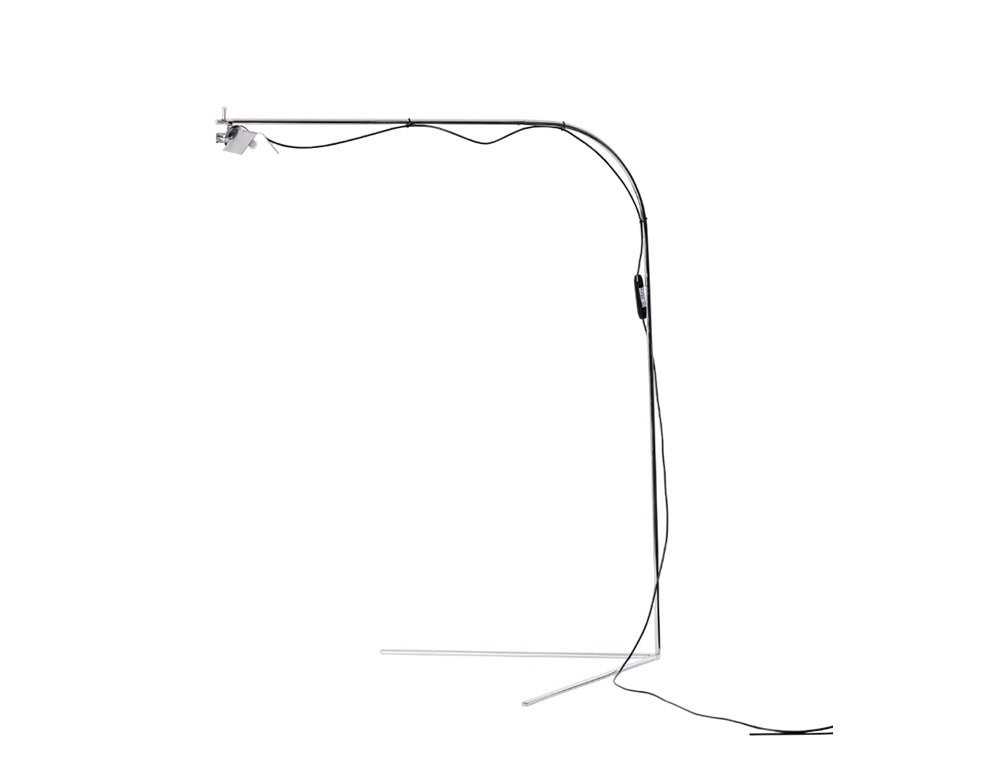 The BD Flamingo Floor Lamp features a slender, curved steel structure with a counterbalanced design. Its base consists of two intersecting linear rods, while the light source is positioned at the tip of the long horizontal arm.
