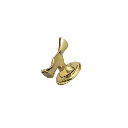 A sculptural brass door knob featuring a fluid, irregular silhouette. Its polished surface catches and reflects light, highlighting the smooth, curving contours that give it a distinctive and organic character.