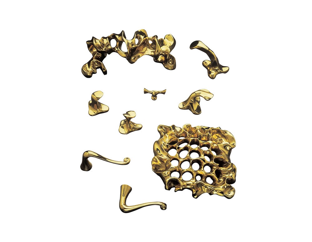 An assortment of Gaudí-inspired brass door accessories, featuring organic, sculptural forms in polished gold tones.