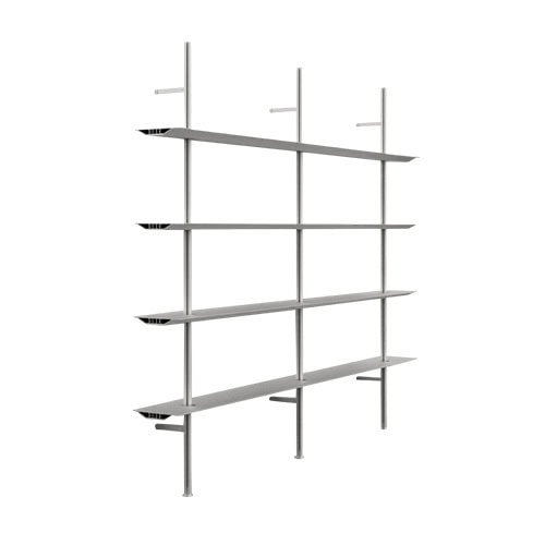 Modular shelving unit with slim metal posts and evenly spaced horizontal shelves. Its geometric layout and lightweight structure suit both functional and decorative use.