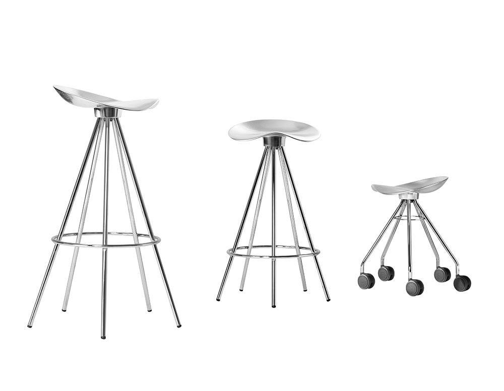 Three variations of the Jamaica Stool in polished metal: a tall bar stool, a lower counter stool, and a mobile version with wheels. Each features a sculpted aluminum seat and sleek, flared-leg base for ergonomic comfort and industrial style.