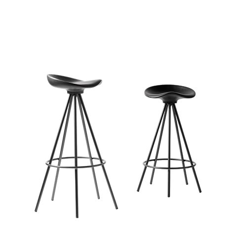 This sleek all-black stool features a contoured seat and splayed metal legs with a circular footrest, combining minimalist form with functional comfort.