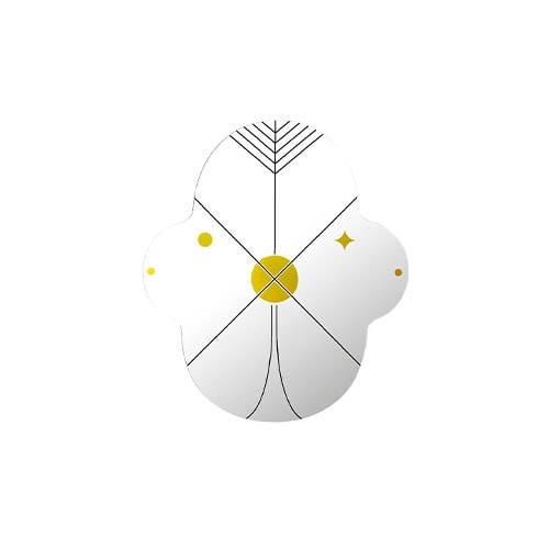 Wall mirror with a rounded, floral-inspired shape, featuring black linework and golden graphic accents. Its abstract, symmetrical design blends playfulness with contemporary elegance.
