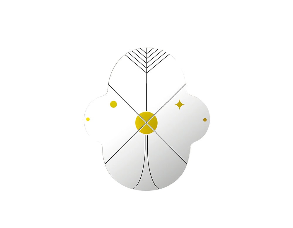 Decorative mirror with a soft clover-like shape, featuring black and yellow graphic lines and star accents. Its playful geometry adds a modern, artistic touch to any wall.