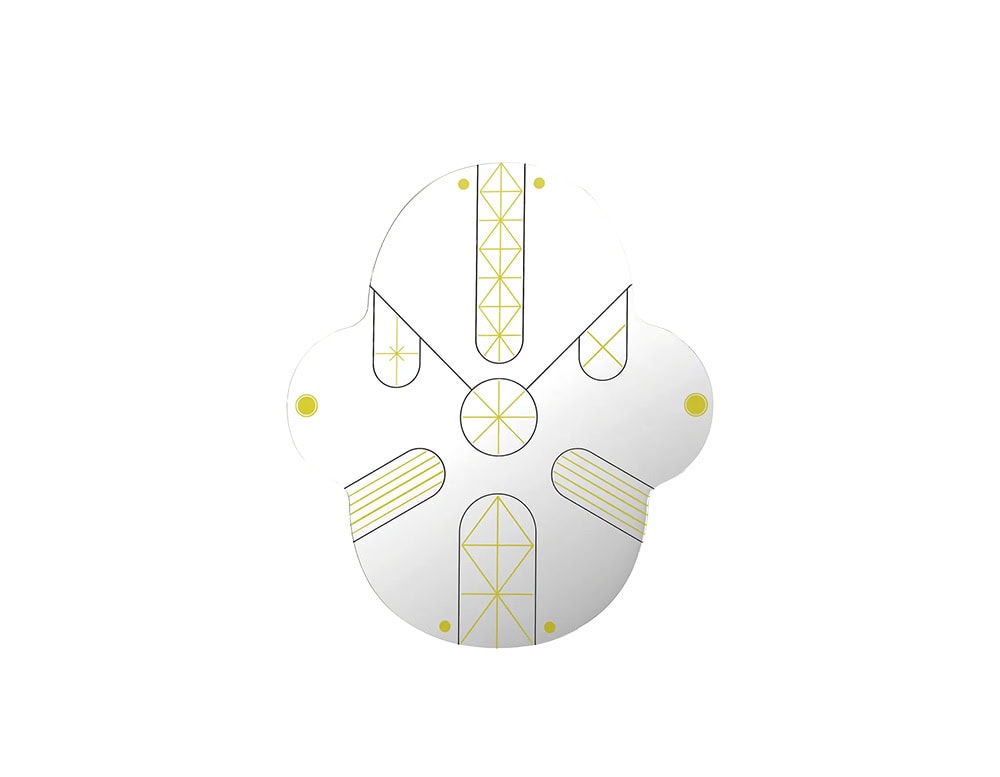 Decorative wall mirror with a rounded, abstract shape and etched geometric lines in yellow. Its playful form and symmetrical pattern add a bold artistic touch to modern interiors.