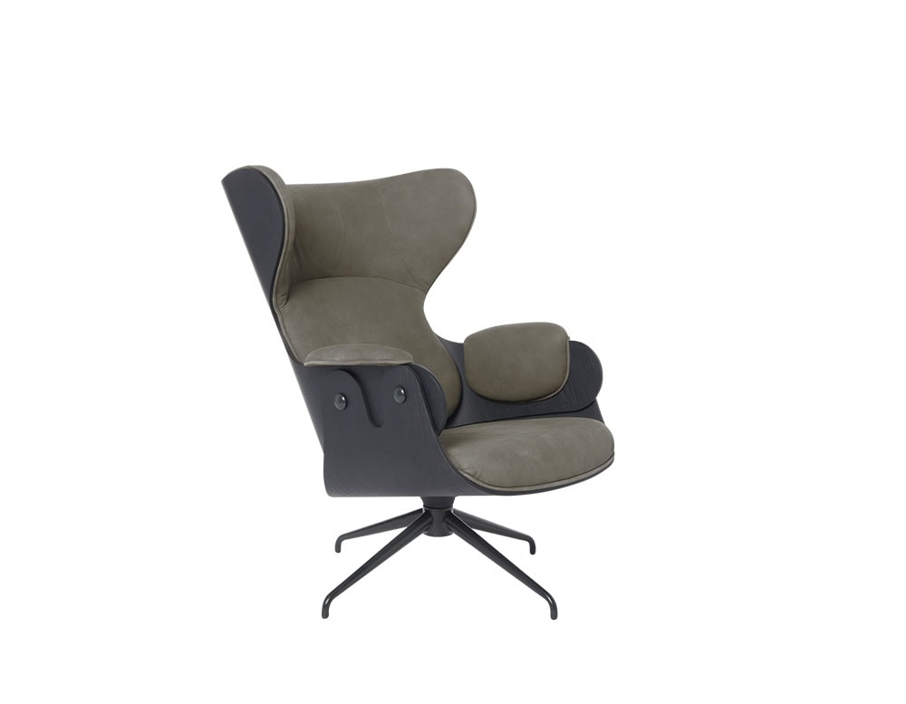 Lounger Armchair in matte olive leather with soft curves and matching backrest and seat cushions. Sculpted black oak shell and four-star swivel base. A cozy and contemporary seating choice.