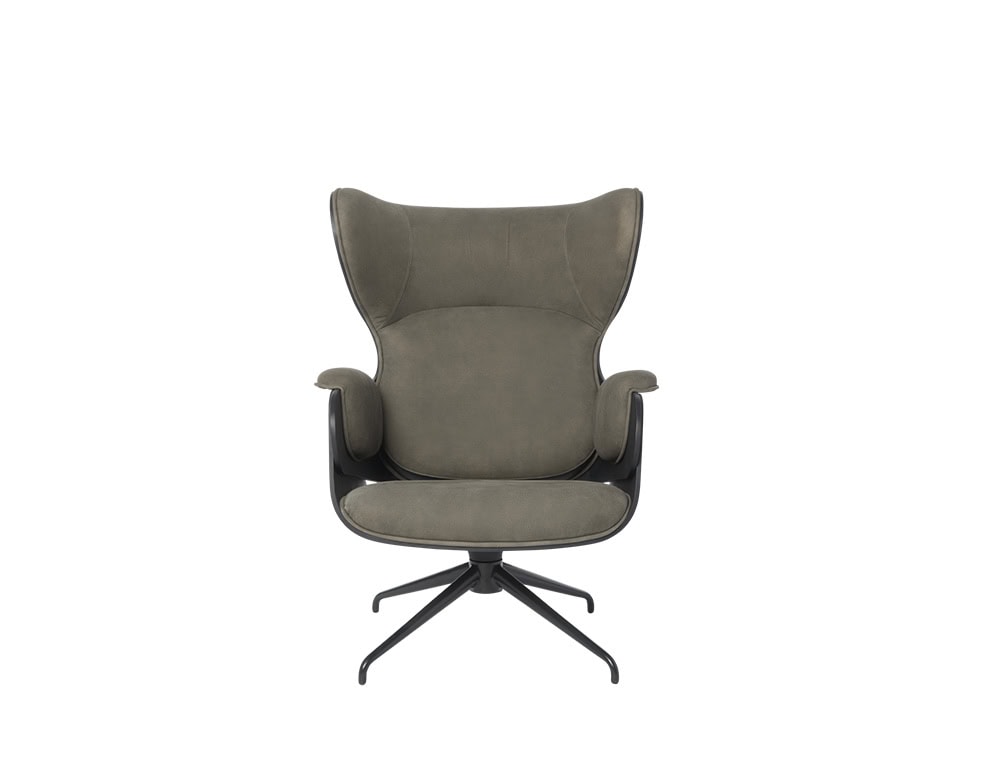Lounger Armchair with winged backrest in matte olive leather and glossy black shell. Elegant sculptural silhouette with integrated armrests and swivel base. A bold and refined modern statement.