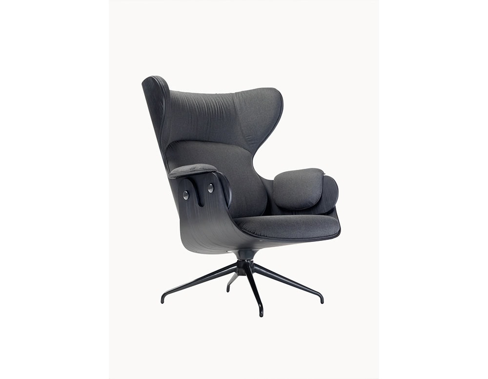 Lounger Armchair with a dark wood shell and deep charcoal fabric upholstery. Its high backrest, plush cushions, and sleek black swivel base create a bold and sophisticated presence.