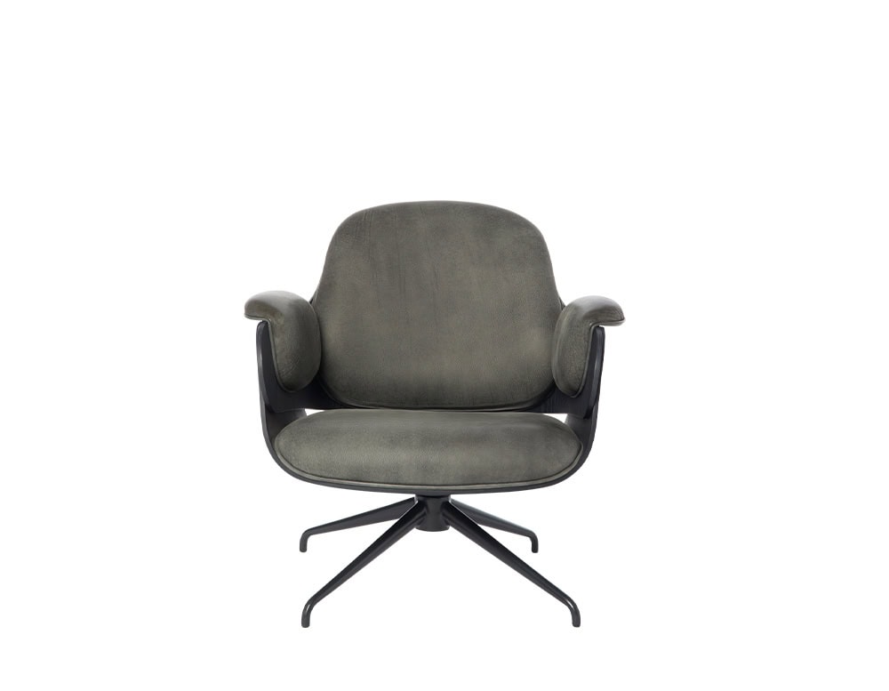 Low Lounger Armchair with a black base and dark gray leather seat. Features smooth, continuous contours, gently flared armrests, and a compact silhouette for modern relaxation in any interior.