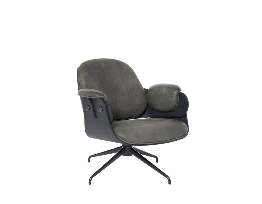 Low Lounger Armchair with black oak shell, gray leather upholstery, and black 4-star swivel base. Rounded seat, sculpted backrest and plush arm pillow offer a relaxed, modern silhouette with ergonomic comfort.