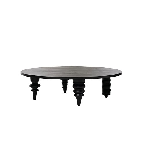 Multileg Coffee Table in black-stained wood with a round top. Supported by four sculptural legs in varying shapes and profiles, creating a bold, playful, and asymmetric composition.