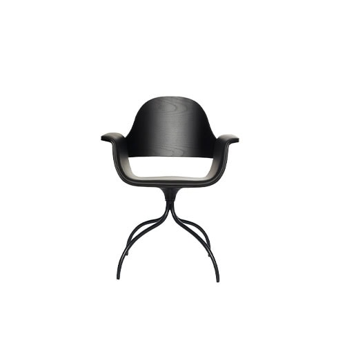 Sculptural chair in black-stained wood with elegantly curved arms and backrest, seated on a sleek, branch-like metal base for a bold and graceful silhouette.