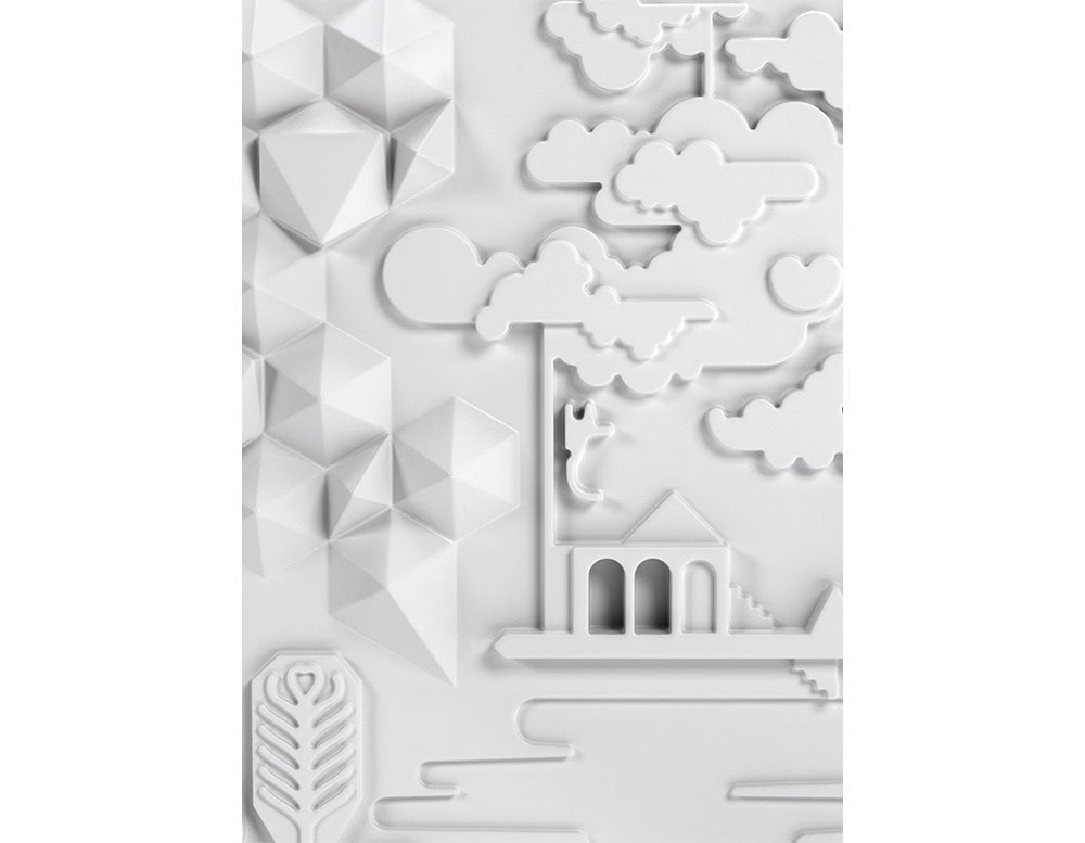 Raised white cabinet panel featuring geometric diamonds, stylized clouds, and a neoclassical structure. The composition blends architectural and organic elements into a cohesive sculptural landscape.