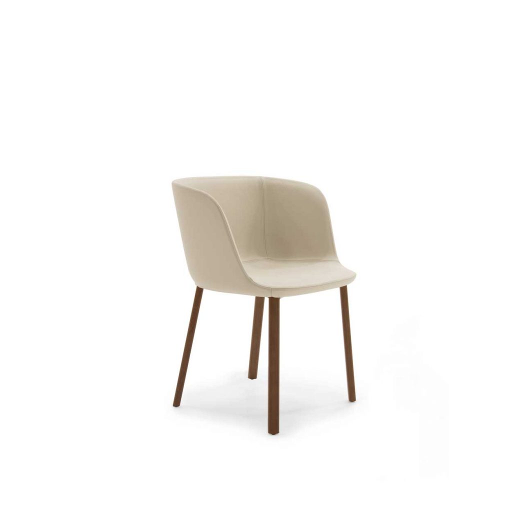 chair made of eco-friendly leather in a beige tone and base in dark brown wood on a white background