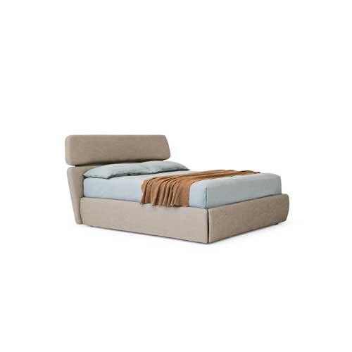 Bed base made of wood and upholstered entirely in Tortuga 46 fabric in a light beige tone on a white background