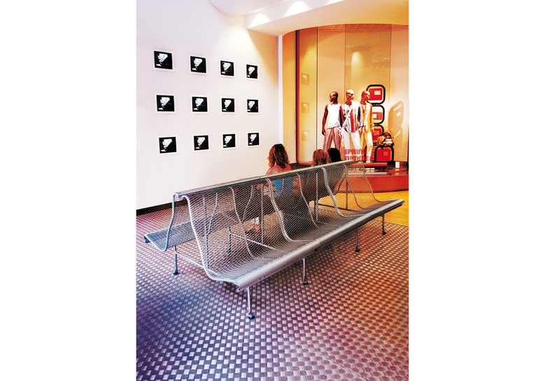 side-by-side bench made of folding steel in a silver tone