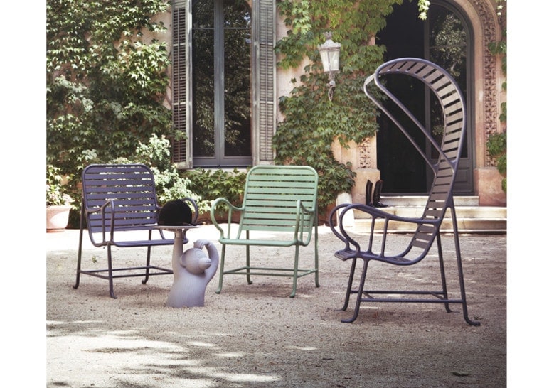 three chairs of different sizes made of aluminum base in shades of green, purple and black