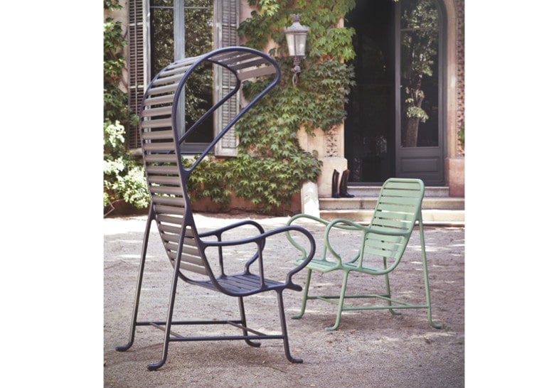 two chairs of different sizes made of aluminum base in shades of green, purple and black