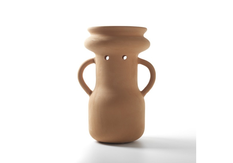 vase with two ears made of terracotta base in an orange tone on a white background