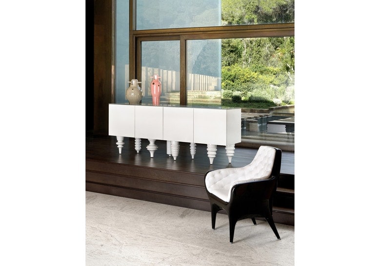 Furniture made of flamed wood in white color with front pressure drawers